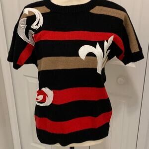 Vintage EMO Black tan red striped short sleeve sweater with appliques M